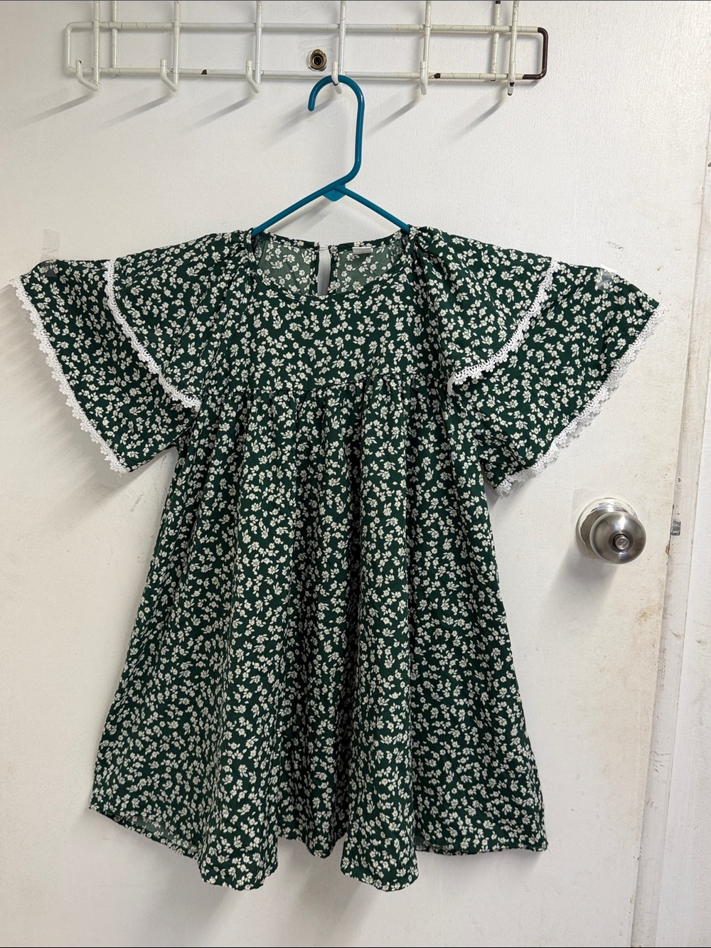 Lightweight Wrinkles Free Green Floral Lace-Trim Babydoll Dress